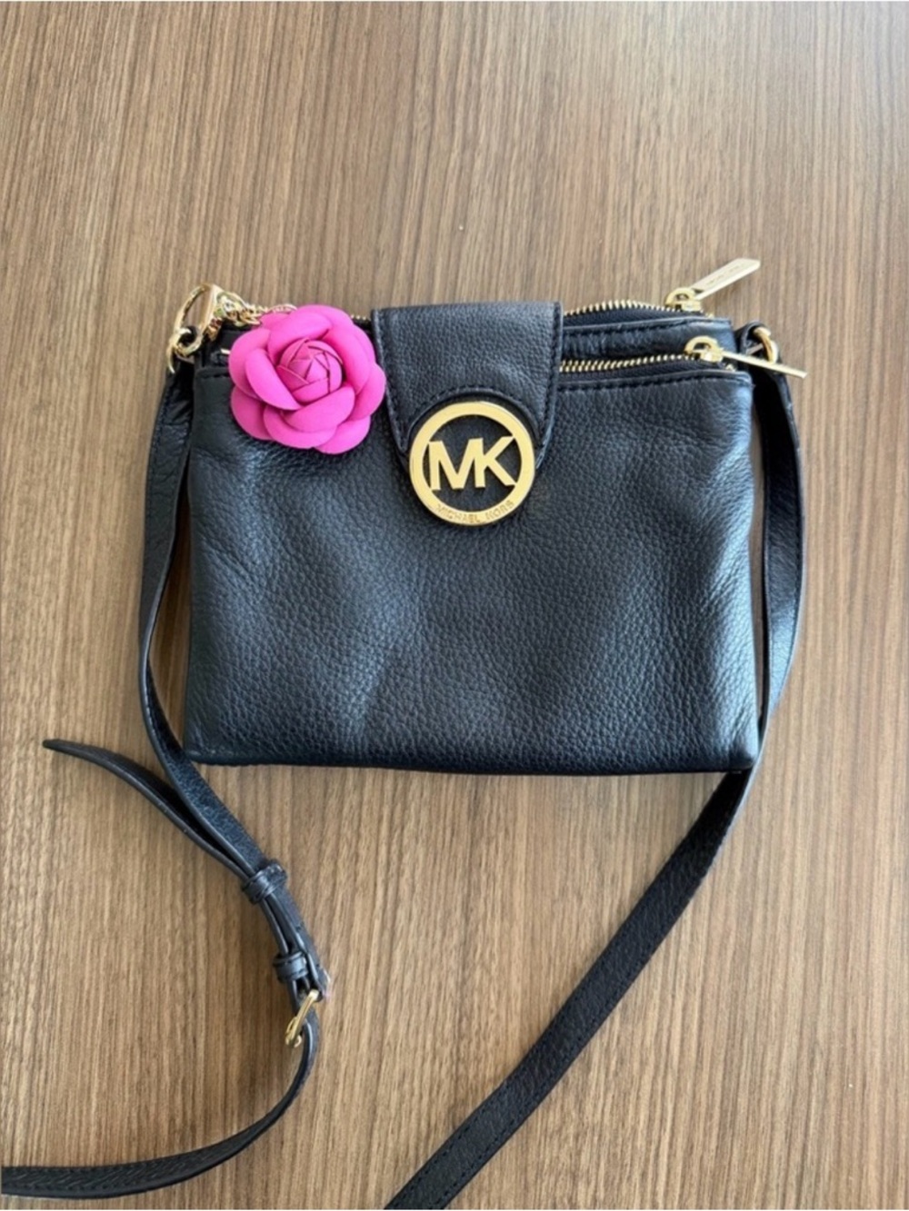 Michael Kors Black Leather Crossbody with Pink Flower Charm